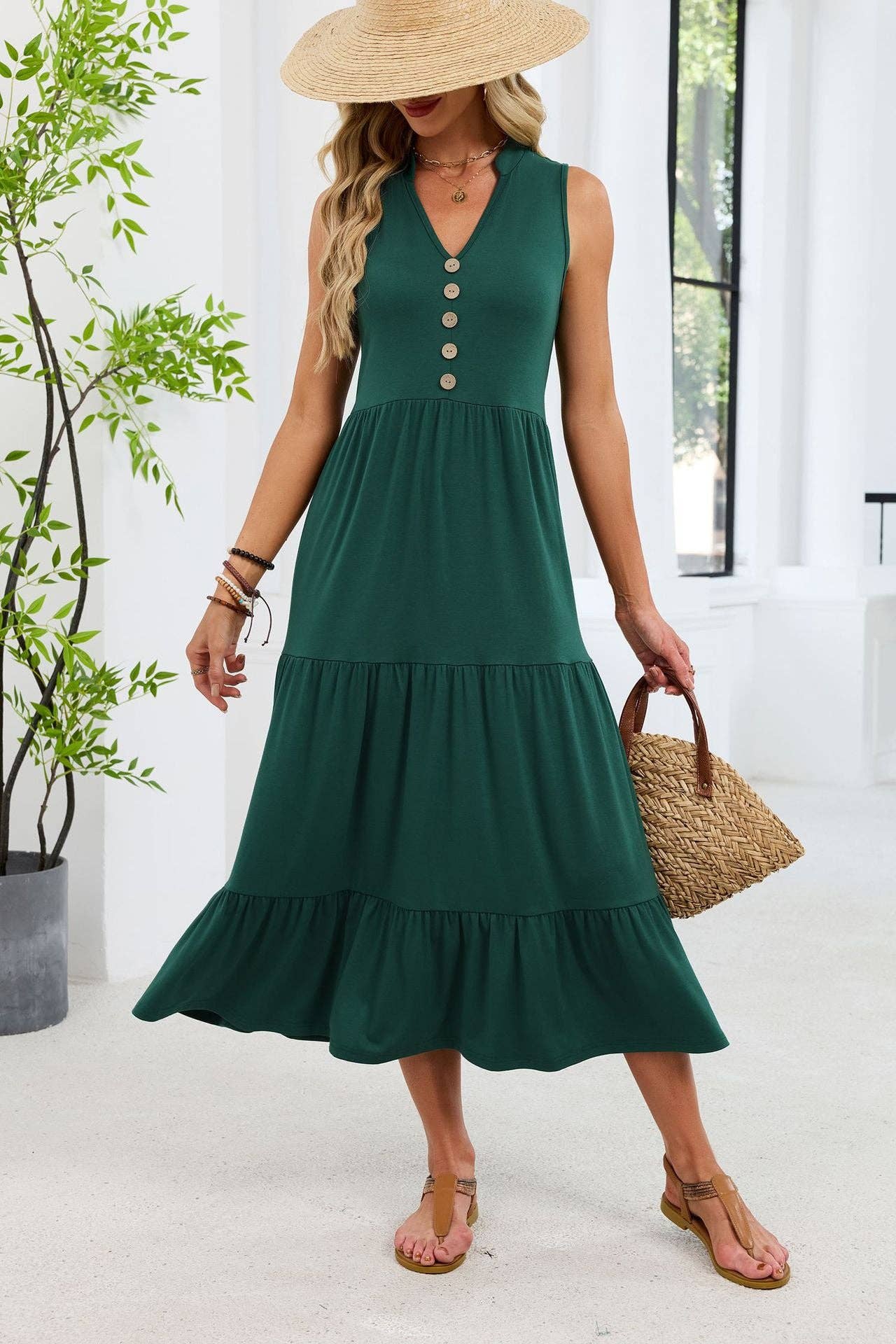 Sleeveless V-Neck Button Down Tiered Midi Dress Casual Summer