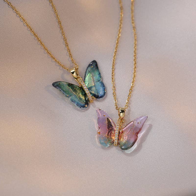 Colorful Butterfly Pendant Necklace in Stainless Steel