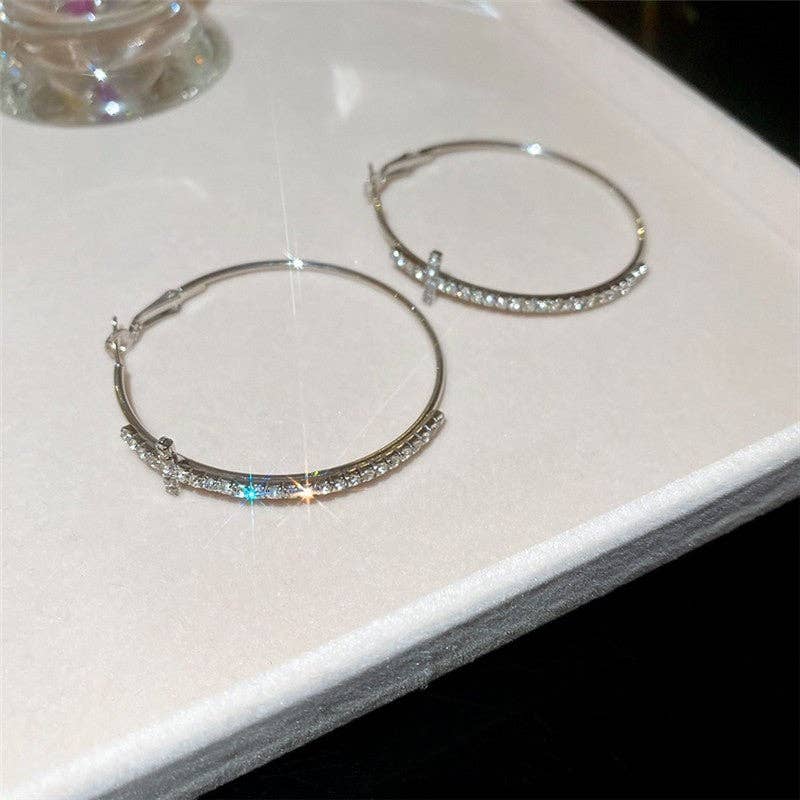 Silver Diamond Cross Round Ear Hoops