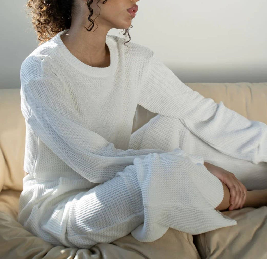 Waffle long sleeve crop top wide leg pant 2 piece set