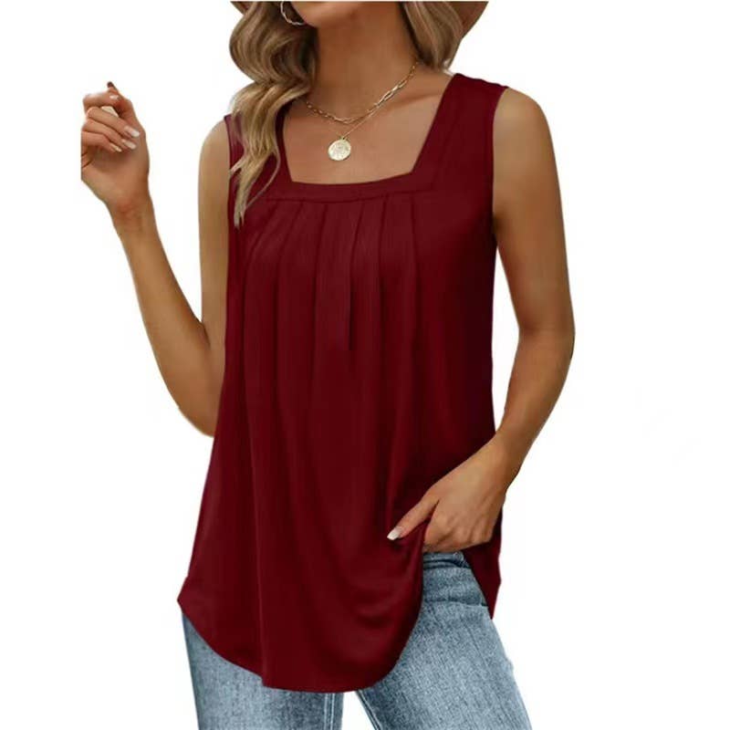 Pleated Square Neck Sleeveless High Low Casual Tank Top