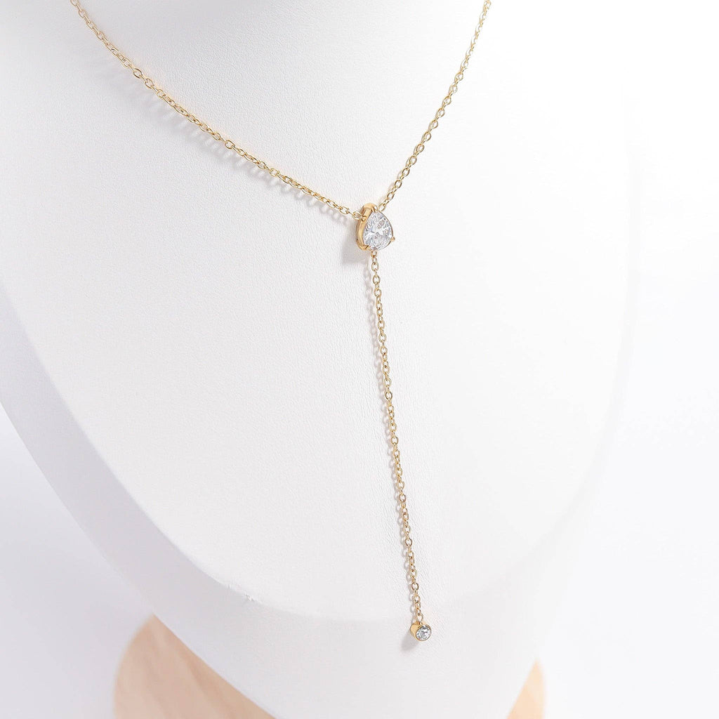 18K Gold PVD Stainless Steel Teardrop CZ Lariat Necklace