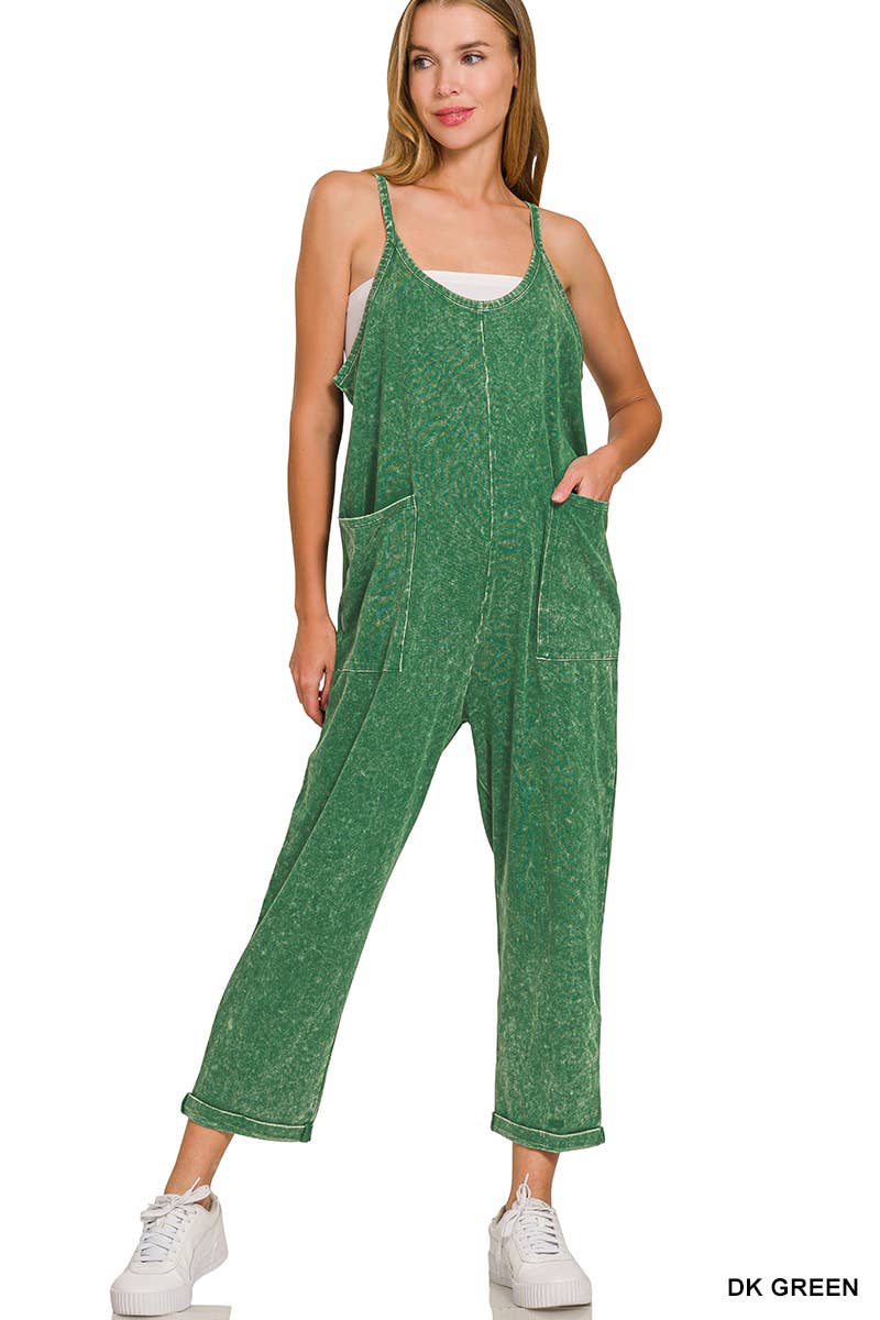 `.Washed Spaghetti Straps Overalls W/ Pockets