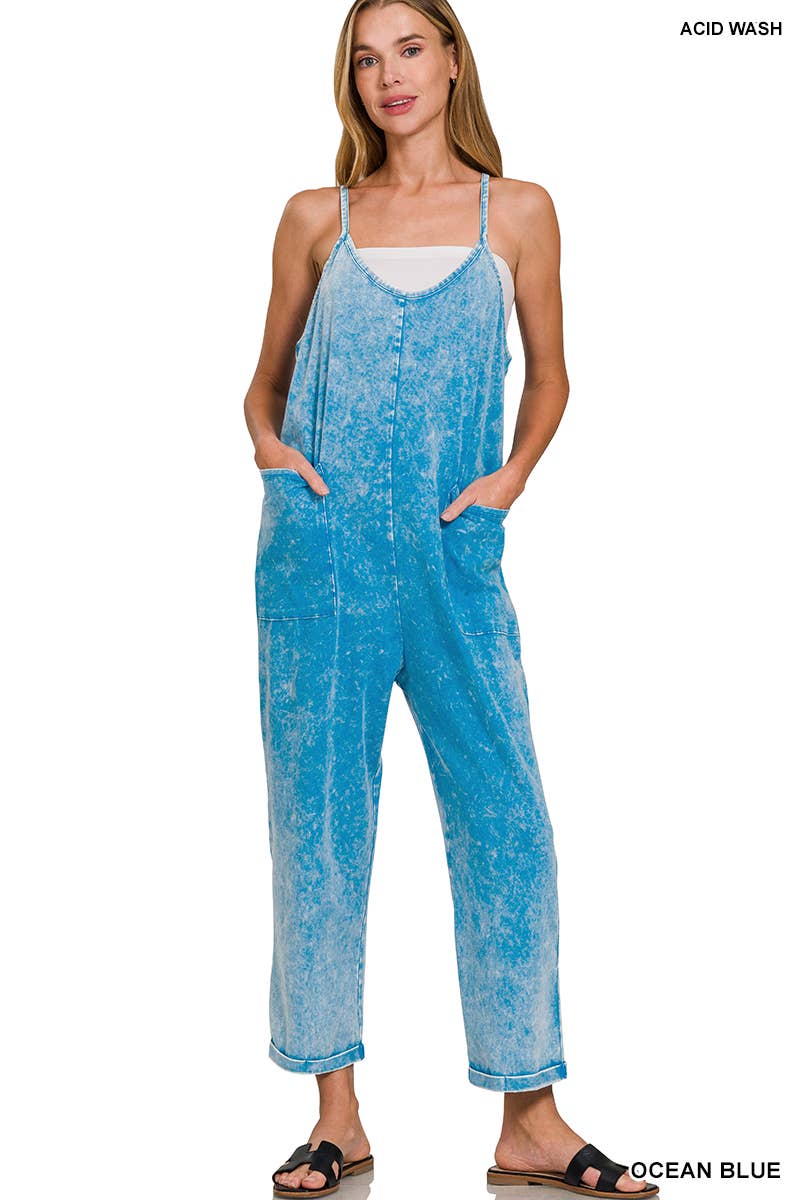 `.Washed Spaghetti Straps Overalls W/ Pockets