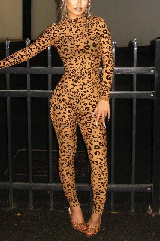 Leopard mesh long sleeves jumpsuit