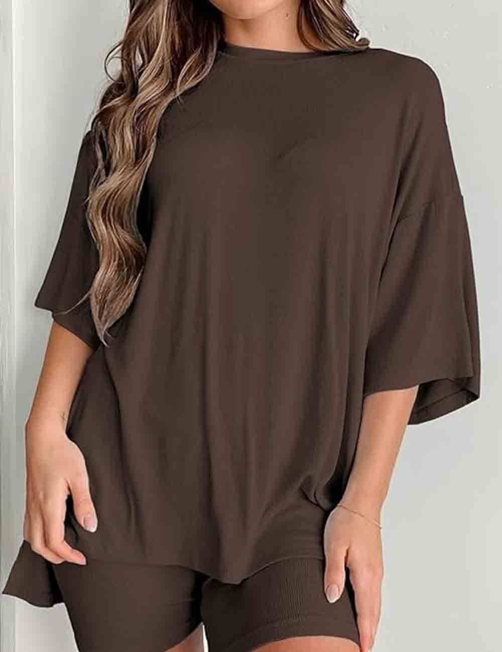 Ladies Round Neck Solid Color Short Sleeves Top & Shorts 2PCS Set