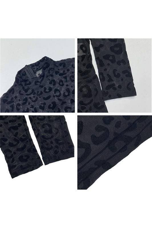 Leopard mesh long sleeves jumpsuit