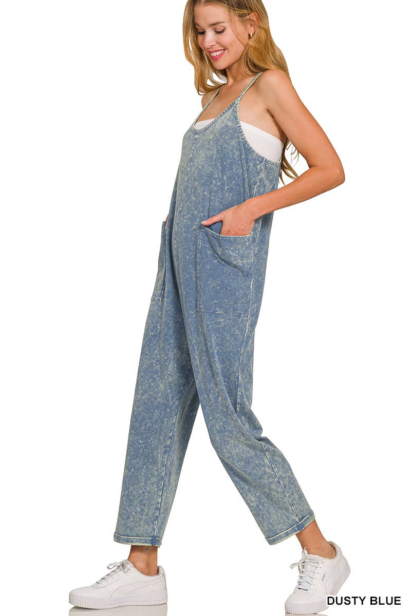 `.Washed Spaghetti Straps Overalls W/ Pockets