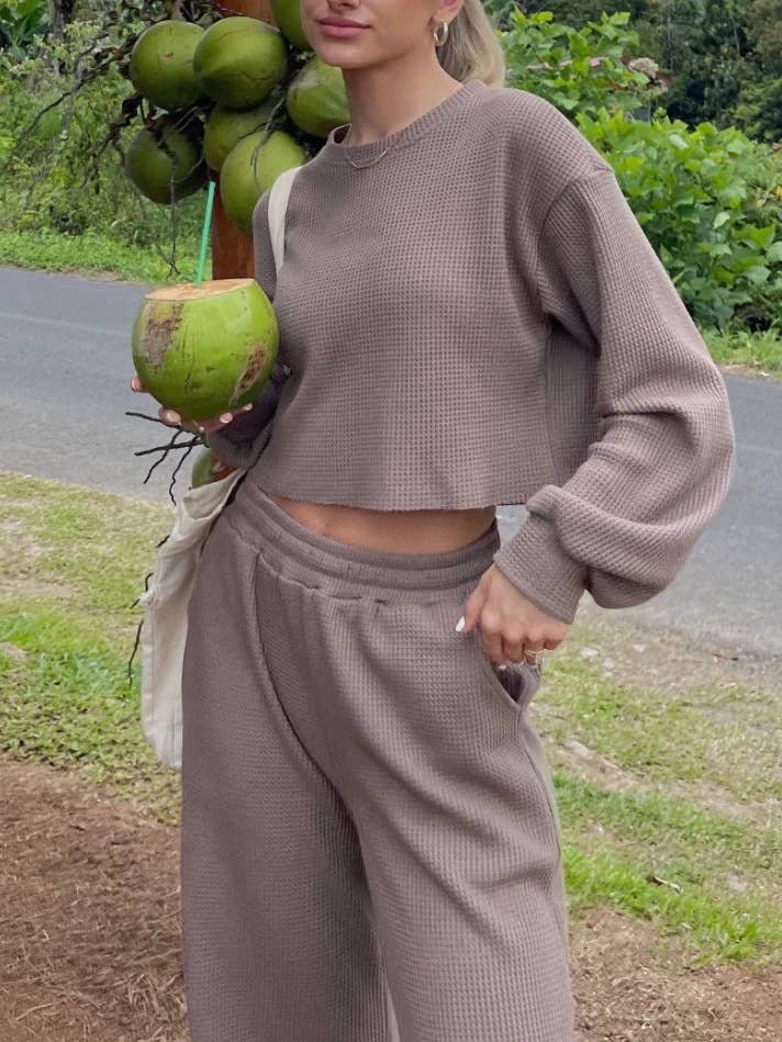 Waffle long sleeve crop top wide leg pant 2 piece set