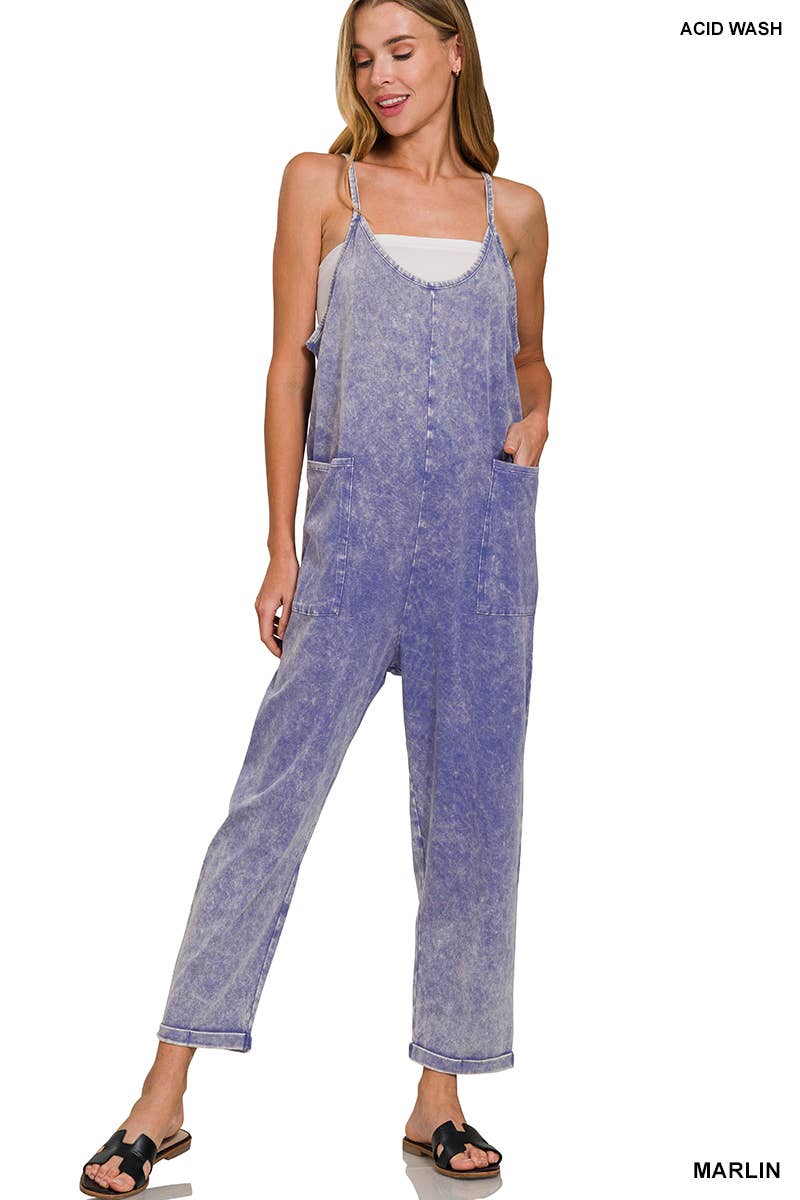 `.Washed Spaghetti Straps Overalls W/ Pockets