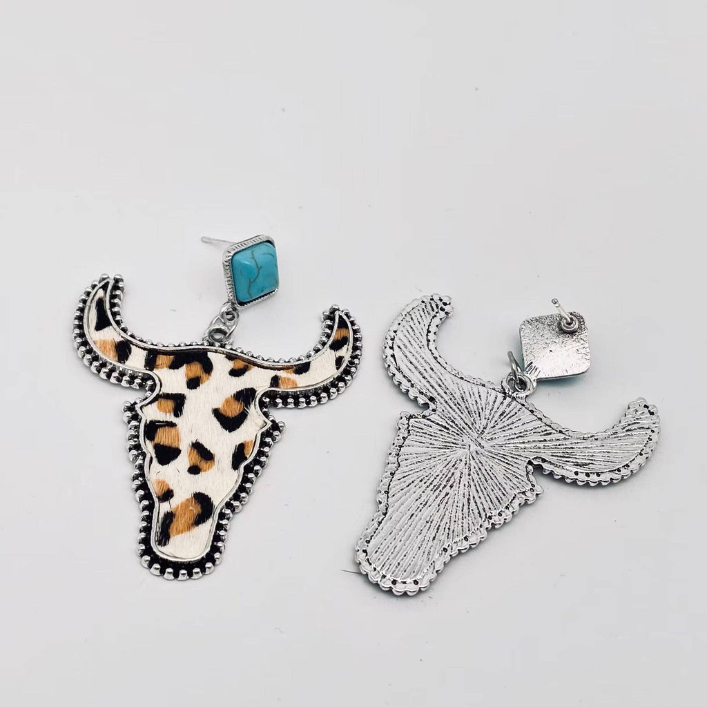 Western Style Cowhide Cowhead Shape Stud Earrings - WJ