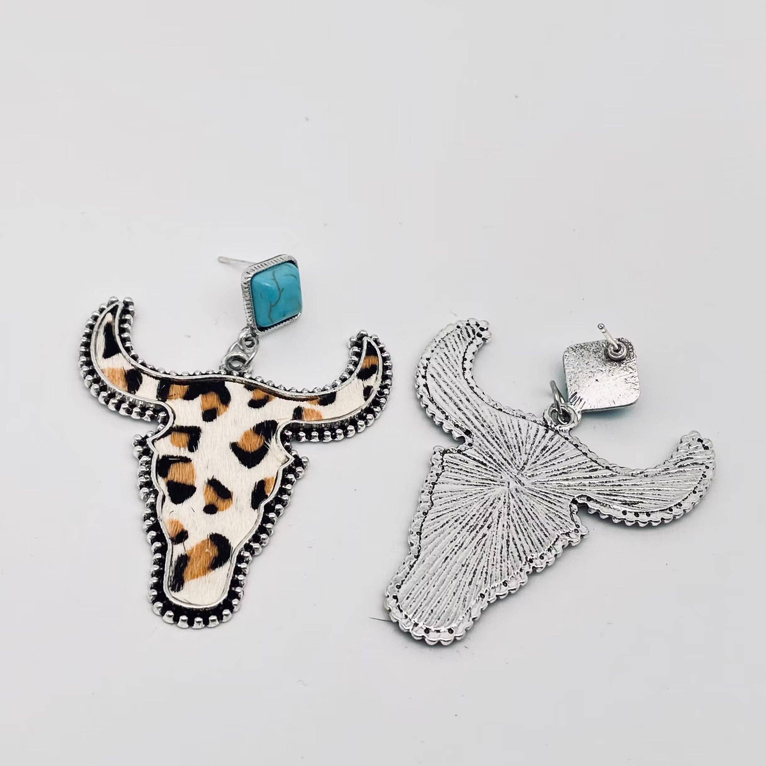 Western Style Cowhide Cowhead Shape Stud Earrings - WJ
