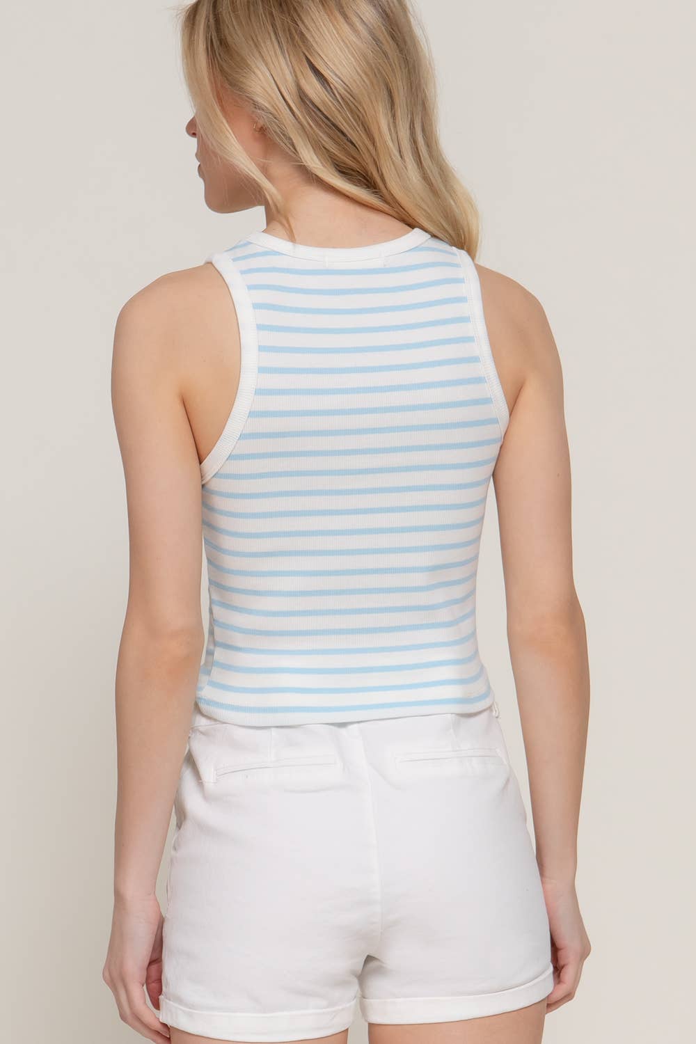 Sleeveless Round Neck Stripe Cotton Rib Knit Top