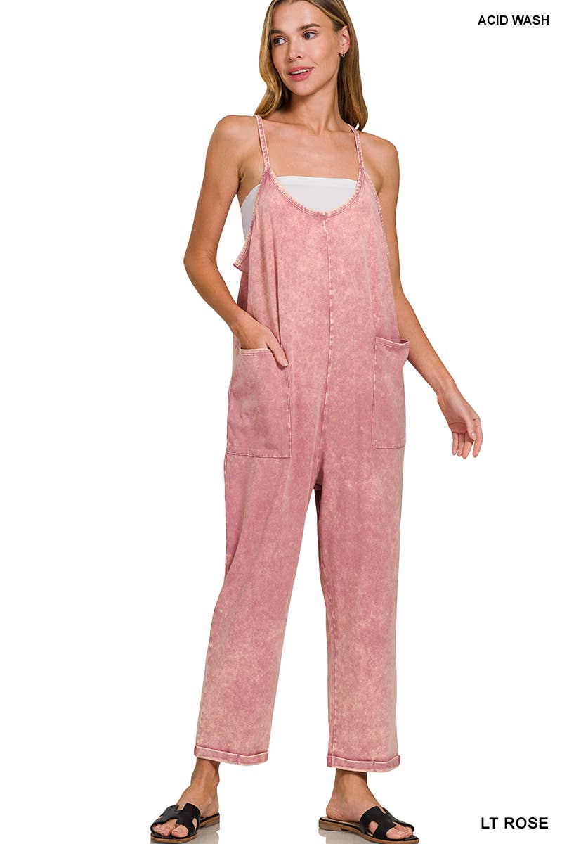 `.Washed Spaghetti Straps Overalls W/ Pockets