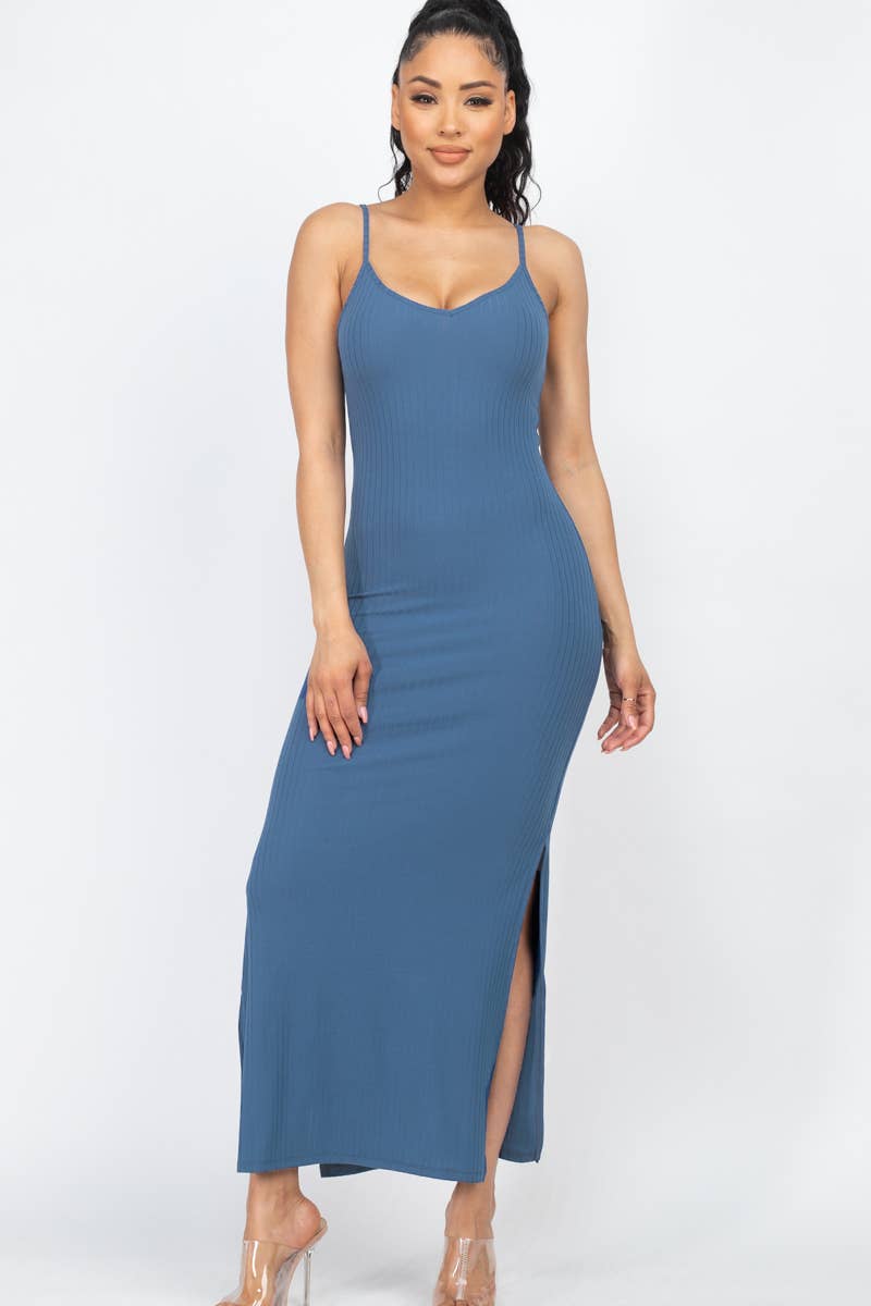Ribbed Side Slit Long Cami Dress