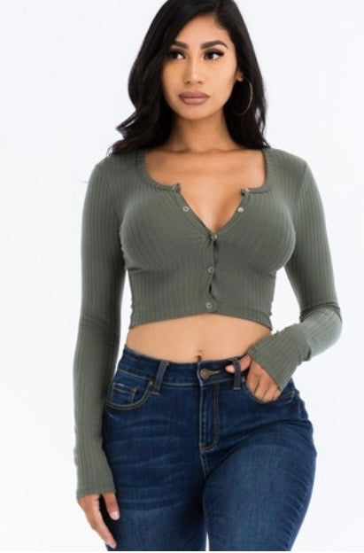 Ribbed Long Sleeve Snap Button Down Crop Top