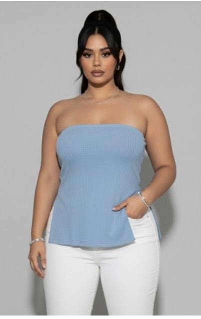 Plus Strapless Ribbed Side-Slit Flare Top