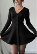 V-neck Button Front Flared Casual Dress