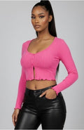 Ribbed Button Front Split Long Sleeve Top