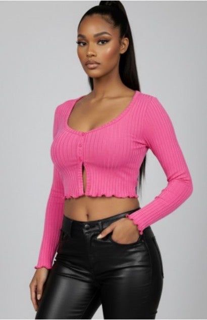 Ribbed Button Front Split Long Sleeve Top