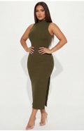 Ribbed Mock Neck Side Slit Sleeveless Bodycon Dress