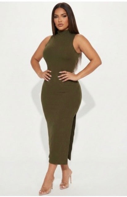 Ribbed Mock Neck Side Slit Sleeveless Bodycon Dress