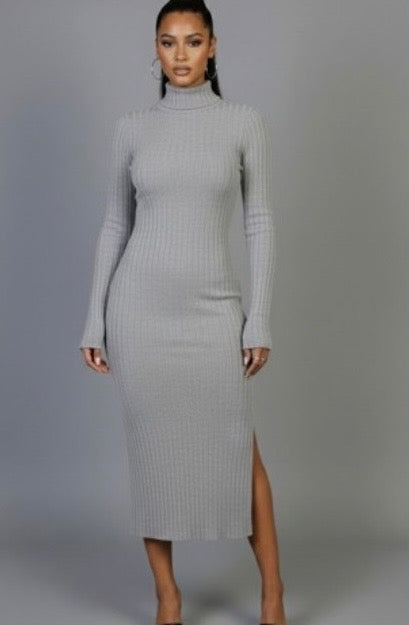 Sweater-Knit Fuzzy Turtle Neck Split Thigh Dress