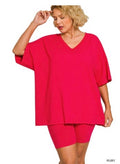 Plus Cotton V-neck Top & Biker Shorts Set