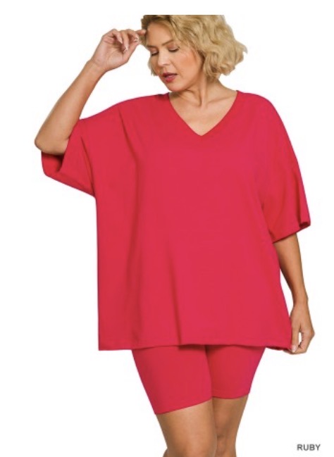 Plus Cotton V-neck Top & Biker Shorts Set