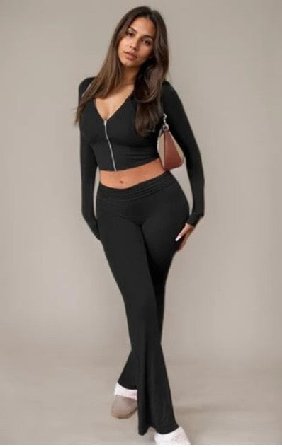 Long Sleeve Hooded Top And High Waist Bottoms Set