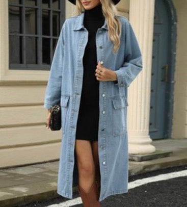 Washed Denim Casual Long Coat Top