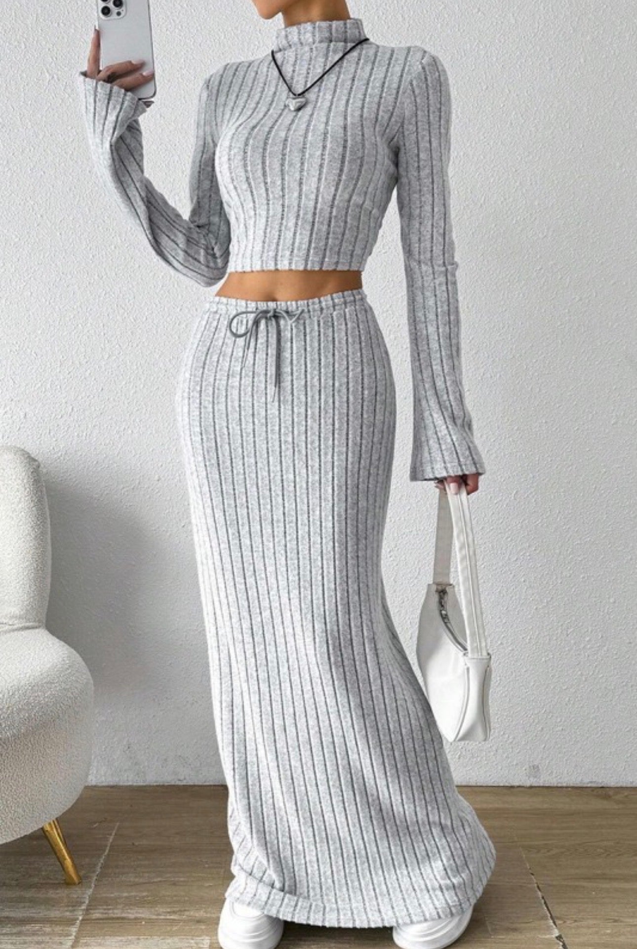 Knit Long Sleeve And Skirt Set