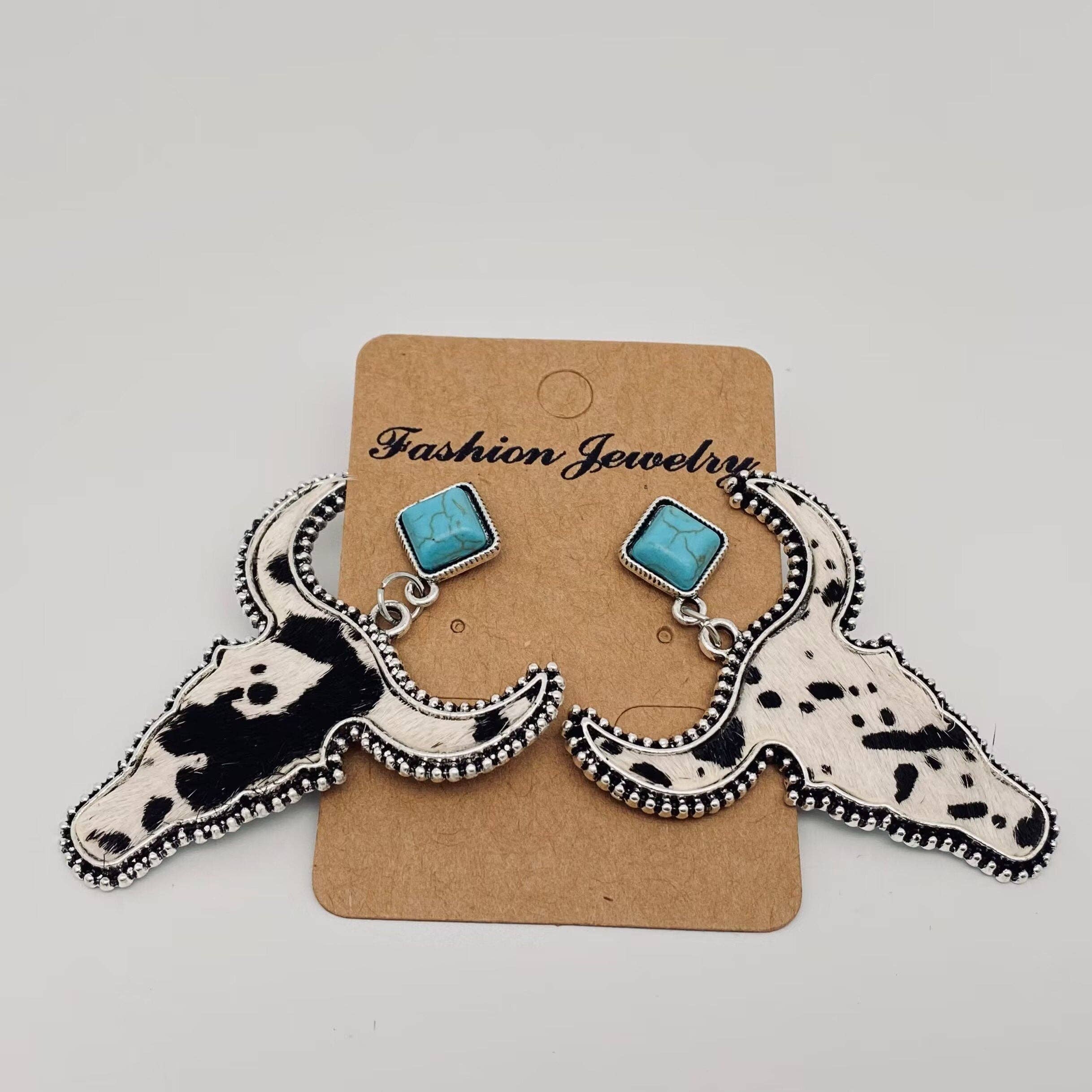 Western Style Cowhide Cowhead Shape Stud Earrings - WJ