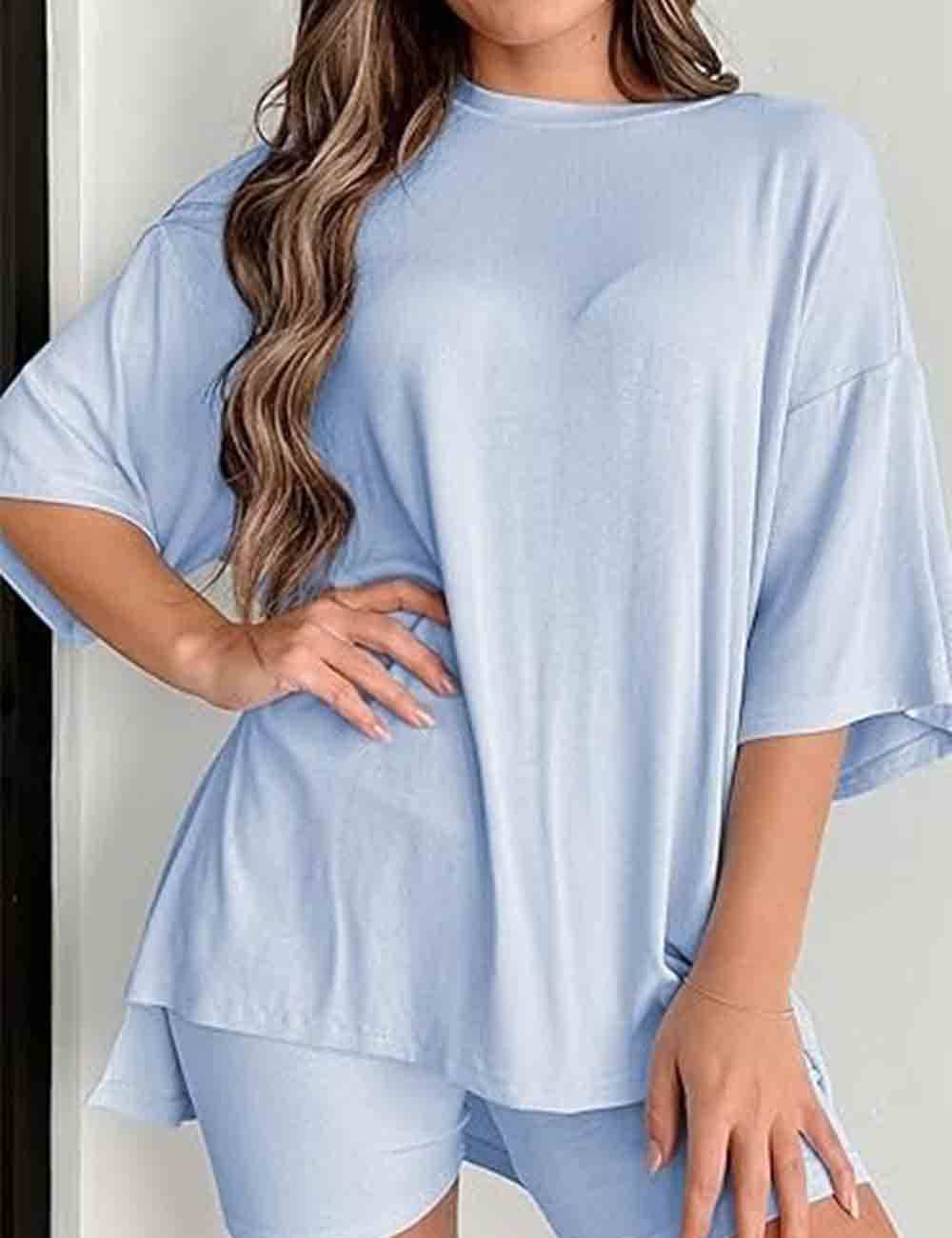 Ladies Round Neck Solid Color Short Sleeves Top & Shorts 2PCS Set