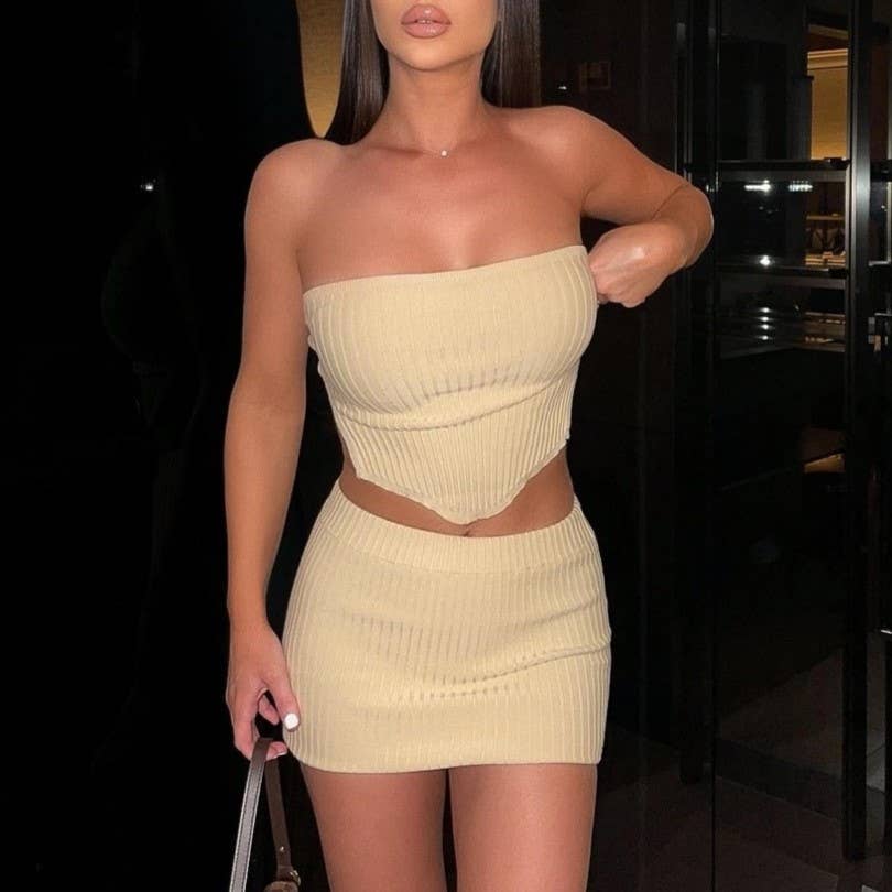 Slit Crop Top Bandeau Top Hip Skirt Two-Piece Set