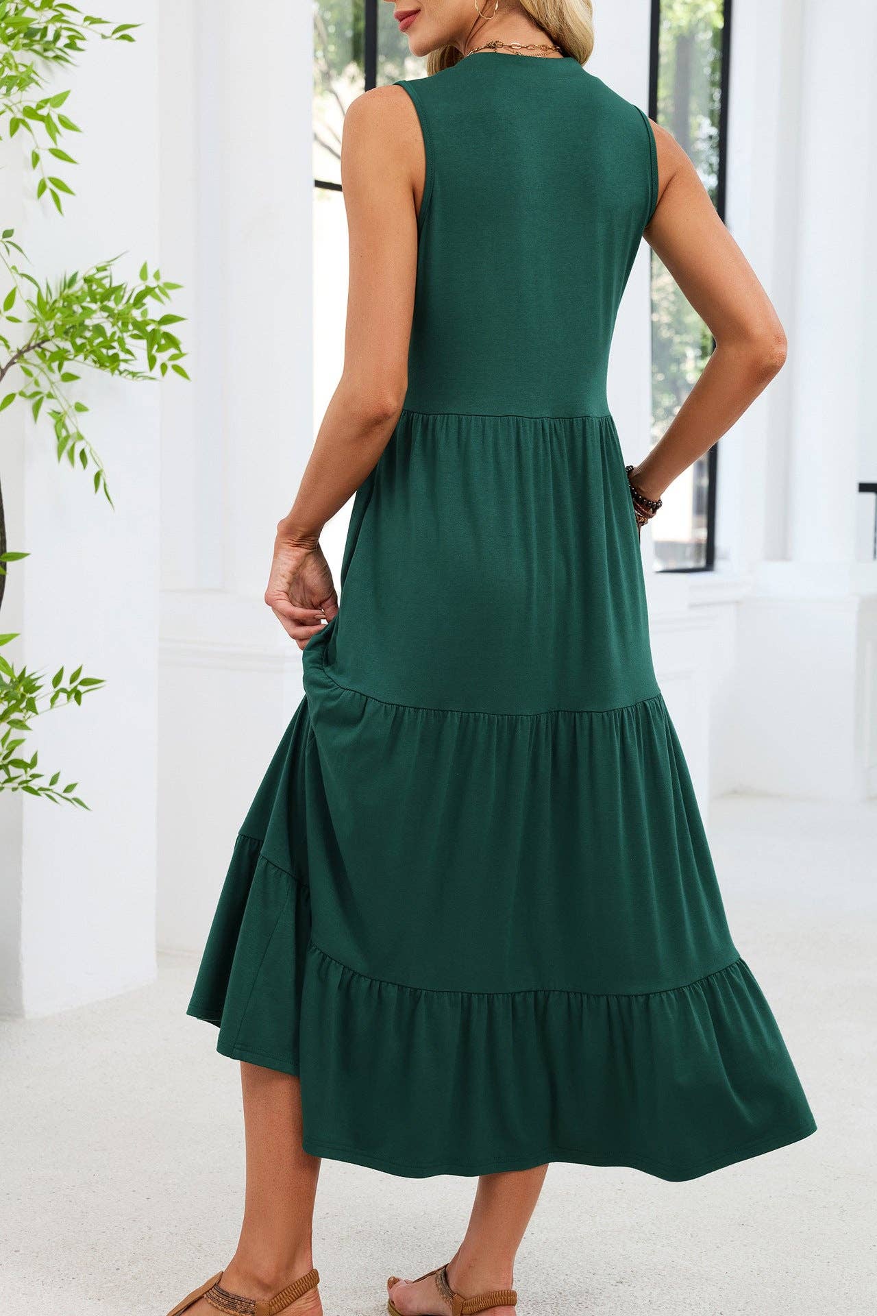 Sleeveless V-Neck Button Down Tiered Midi Dress Casual Summer