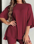 Ladies Round Neck Solid Color Short Sleeves Top & Shorts 2PCS Set