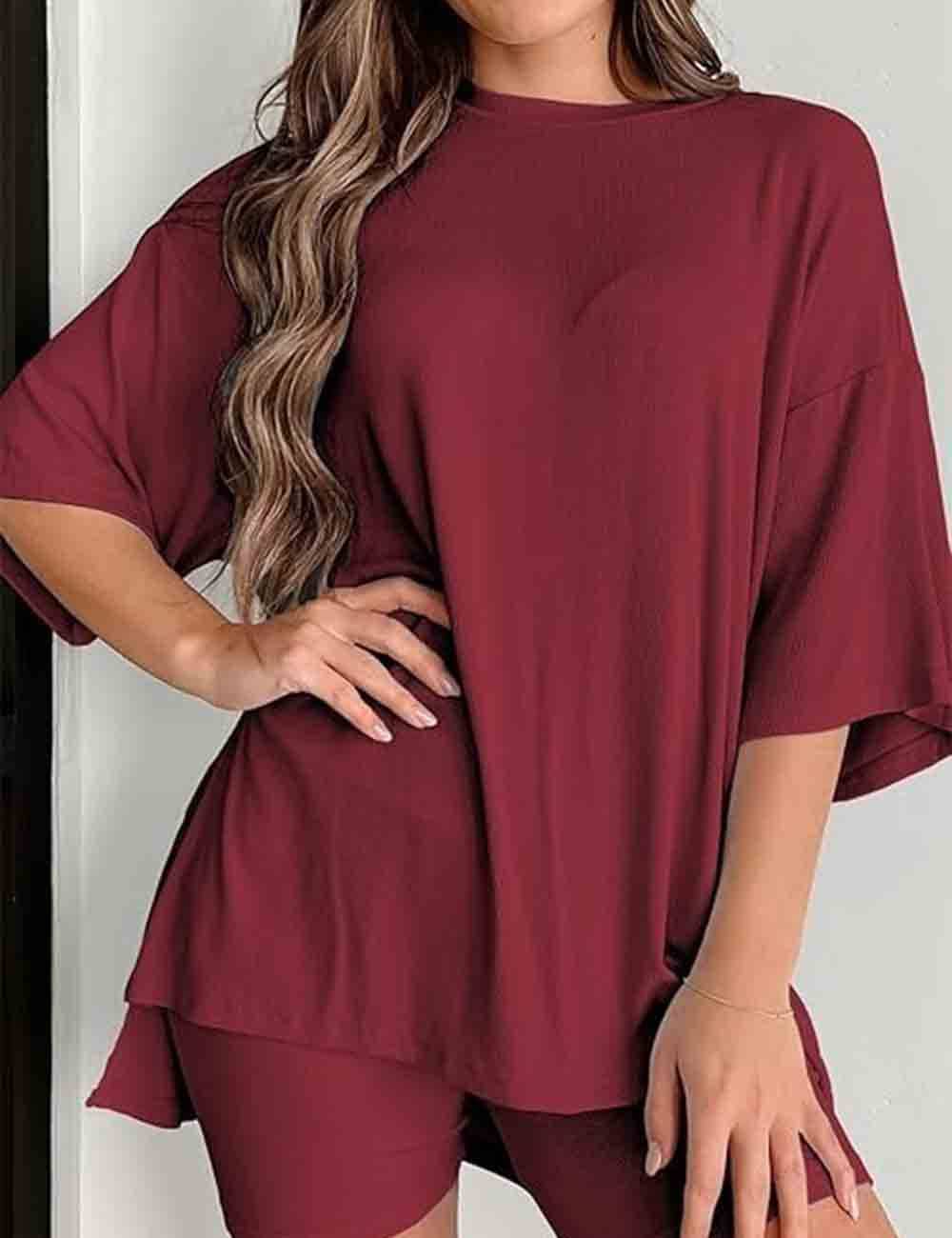 Ladies Round Neck Solid Color Short Sleeves Top & Shorts 2PCS Set