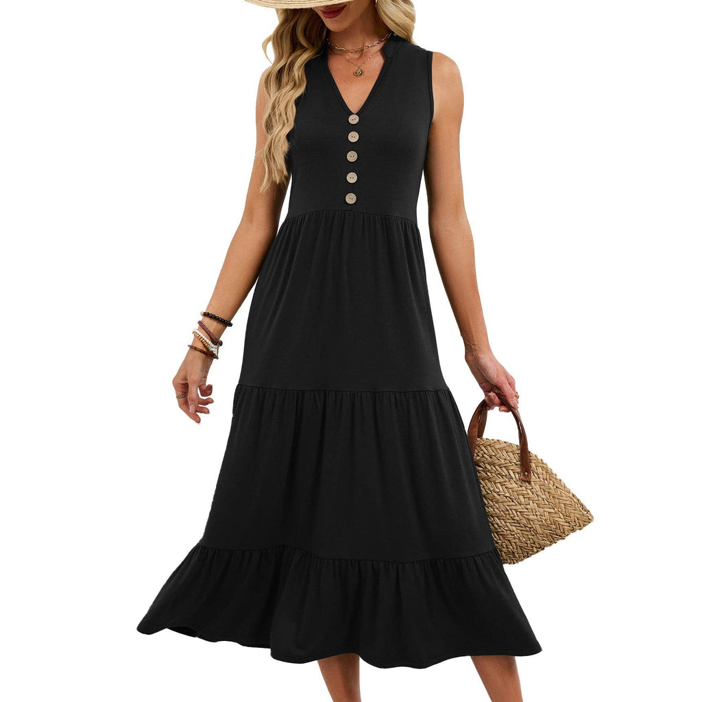 Sleeveless V-Neck Button Down Tiered Midi Dress Casual Summer