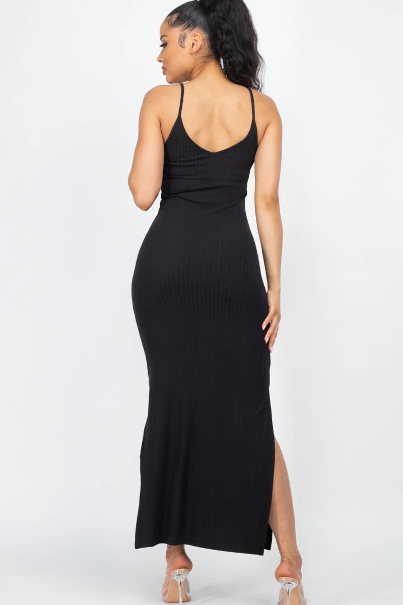 Ribbed Side Slit Long Cami Dress