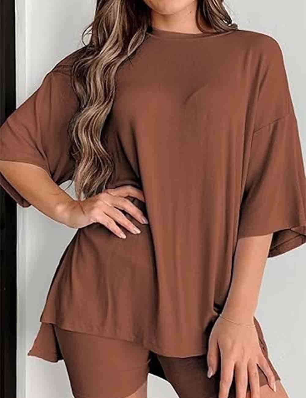 Ladies Round Neck Solid Color Short Sleeves Top & Shorts 2PCS Set