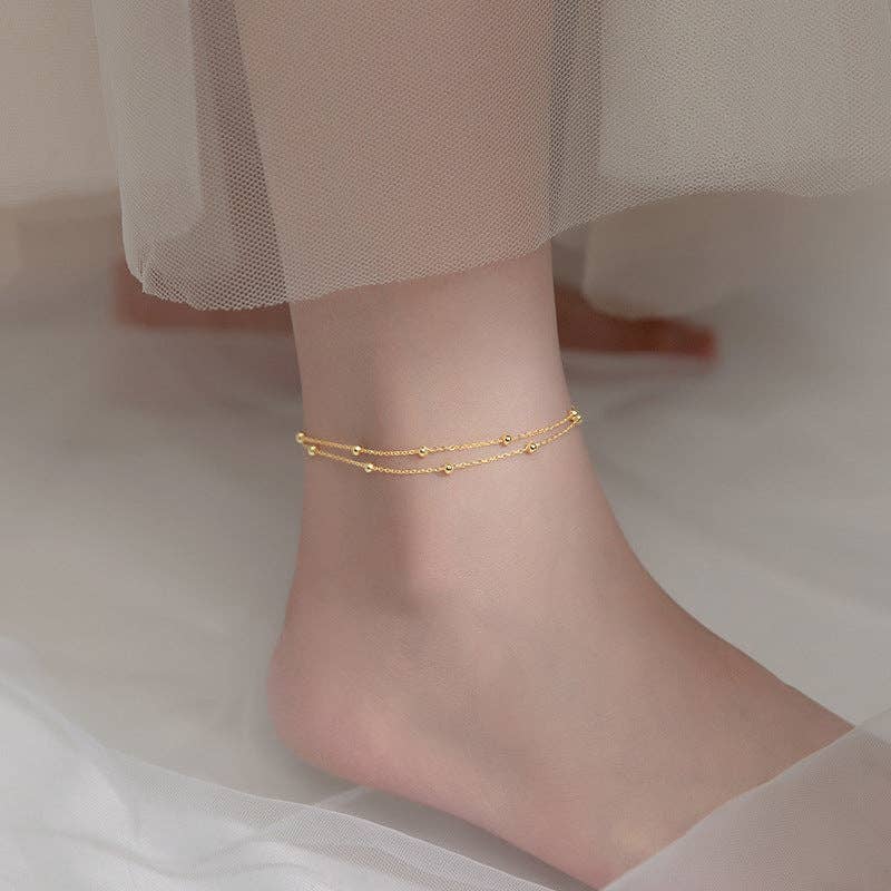 Dainty Bead Double Chain Anklet in 925 Sterling Silver