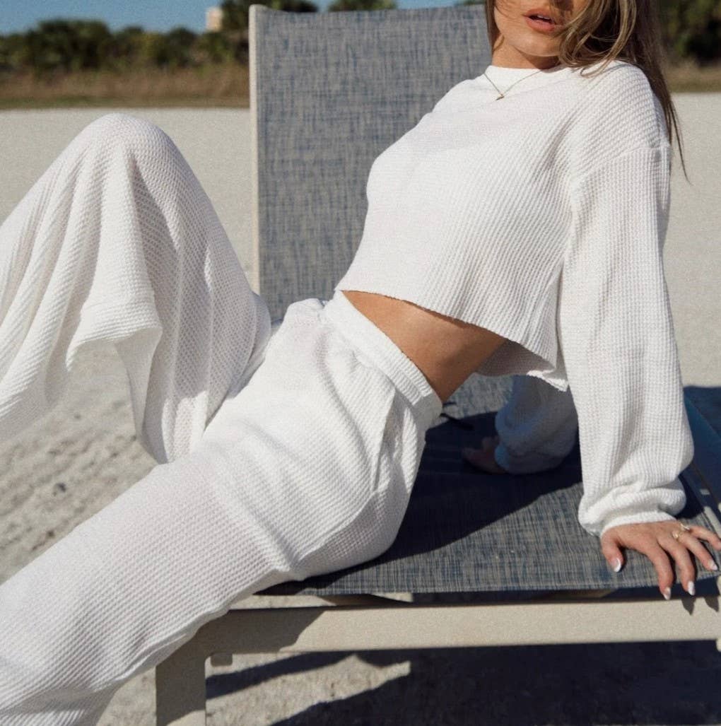 Waffle long sleeve crop top wide leg pant 2 piece set