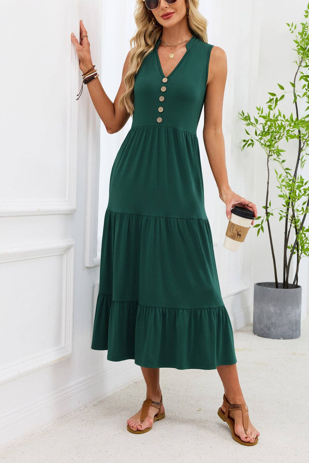Sleeveless V-Neck Button Down Tiered Midi Dress Casual Summer