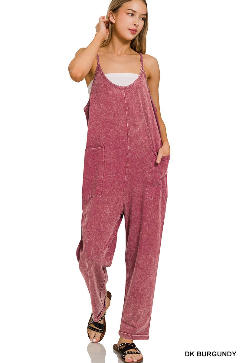 `.Washed Spaghetti Straps Overalls W/ Pockets