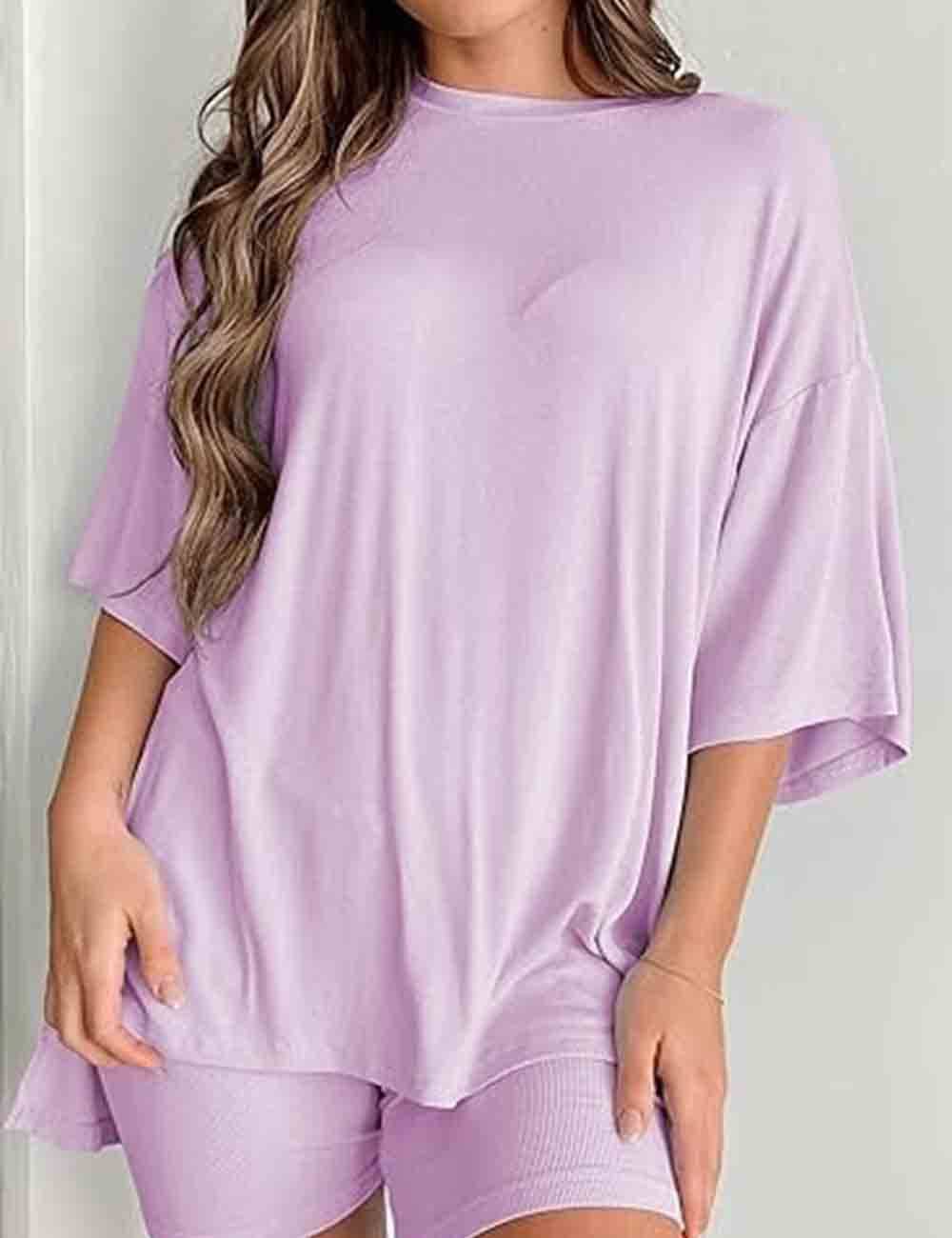 Ladies Round Neck Solid Color Short Sleeves Top & Shorts 2PCS Set