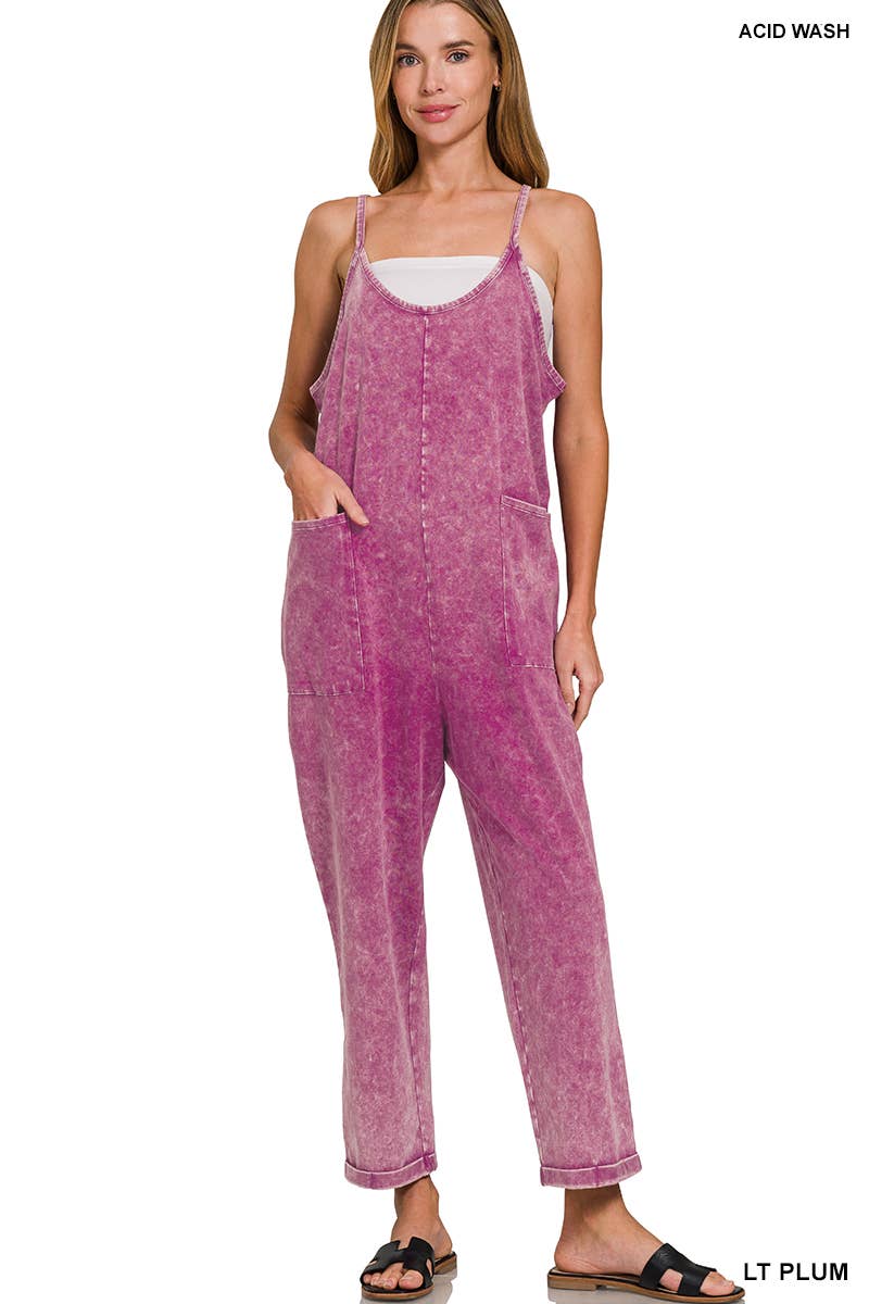 `.Washed Spaghetti Straps Overalls W/ Pockets