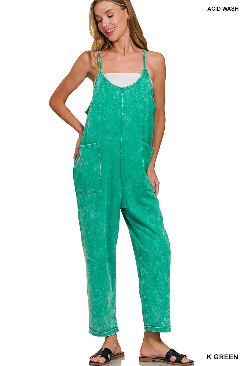 `.Washed Spaghetti Straps Overalls W/ Pockets