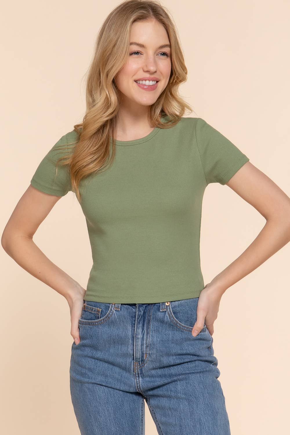 Short Sleeve Crew Neck Cotton Spandex Rib Knit Top