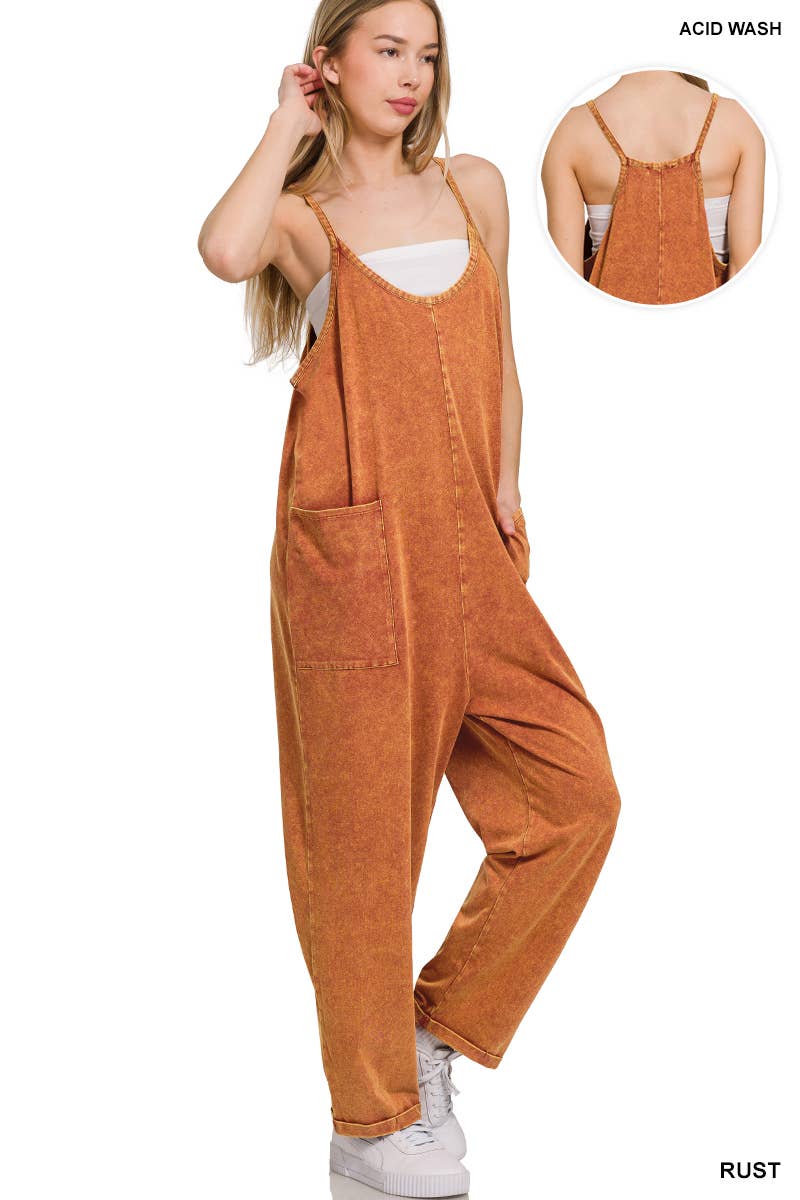 `.Washed Spaghetti Straps Overalls W/ Pockets